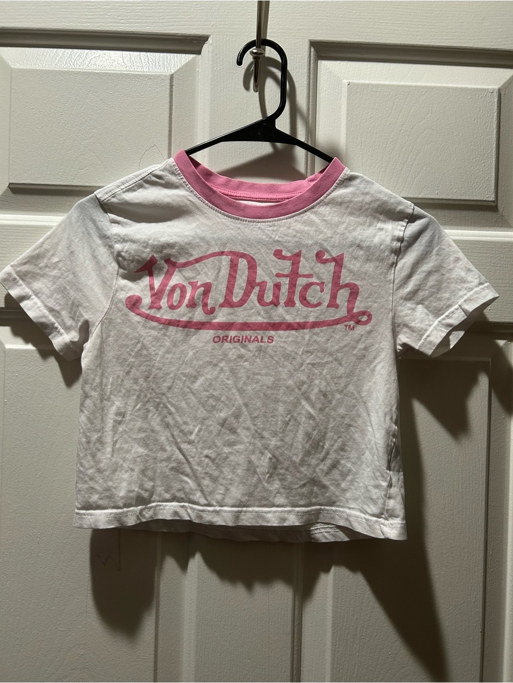 Von Dutch Originals White & Pink Logo Crop Ringer Babydoll Tee Size Small